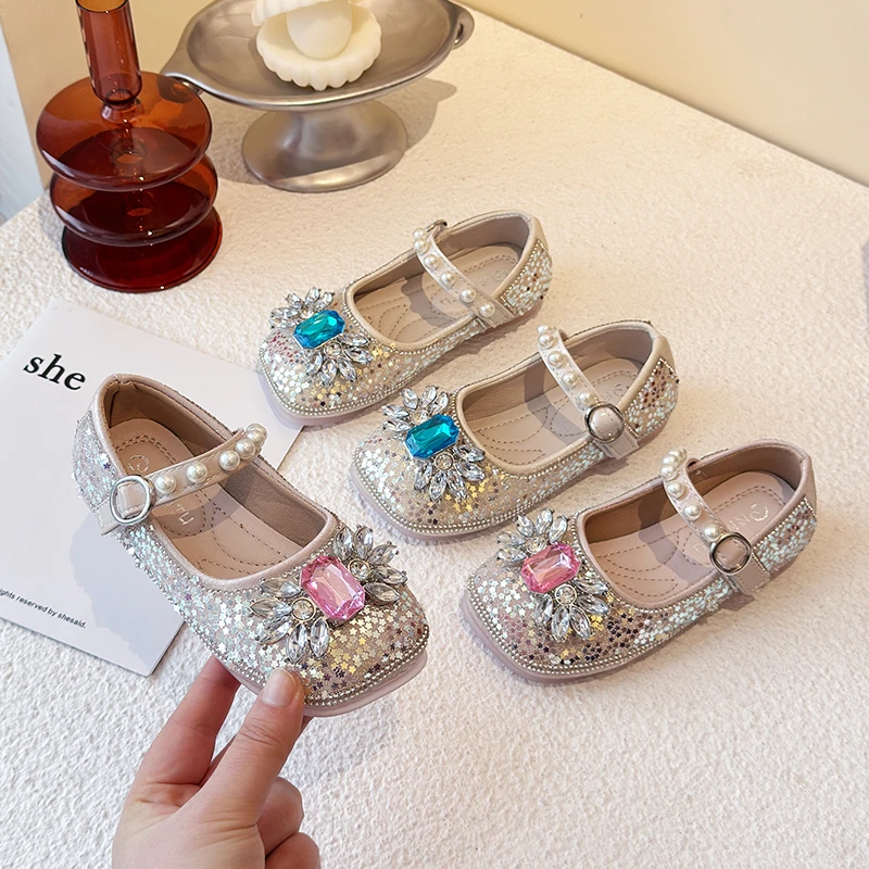 

Girls' Princess Shoe with Crystal Butterfly Knot Soft Bottom Diamond Single Shoe Spring New Arrival Children's Baby Leather Shoe