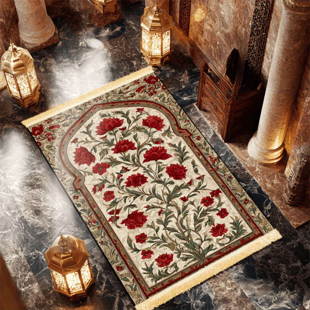 VIKAMA Muslim Prayer Mat Washable Foldable Travel Islamic Rug Red Romantic Floral Print Halal Design Portable for Eid Prayer