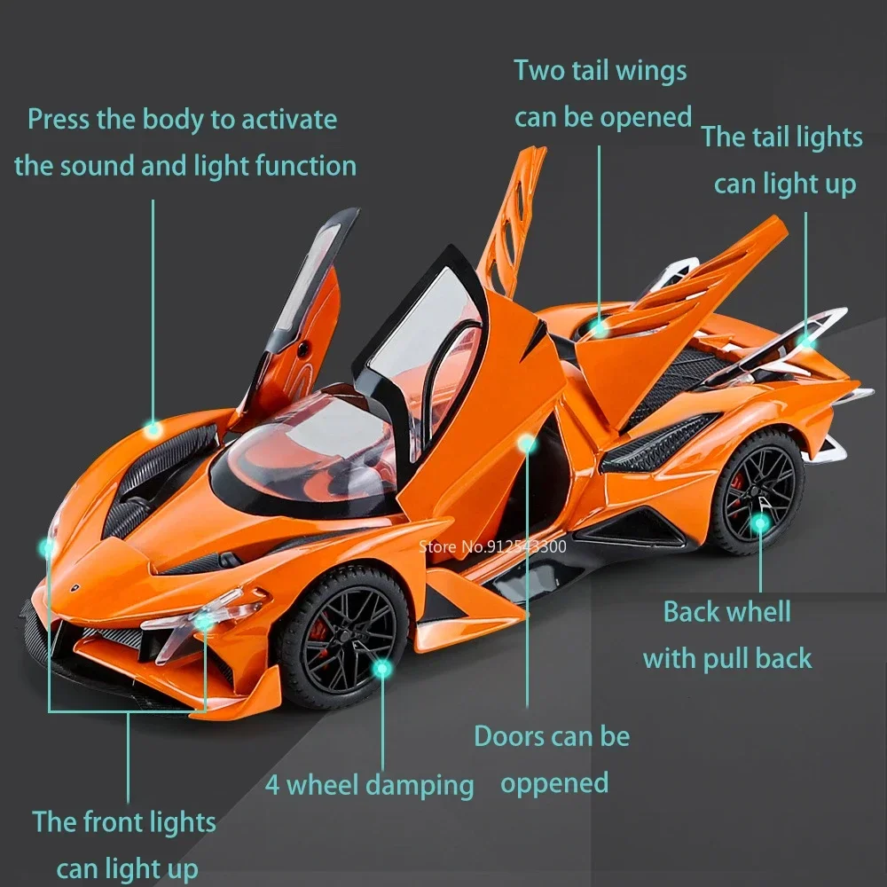 1:24 Scale MC20 Apollo Project EVO Sports Car Model Toy Music Light Pull Back Doors Opened Supercar Models for Kids Presents