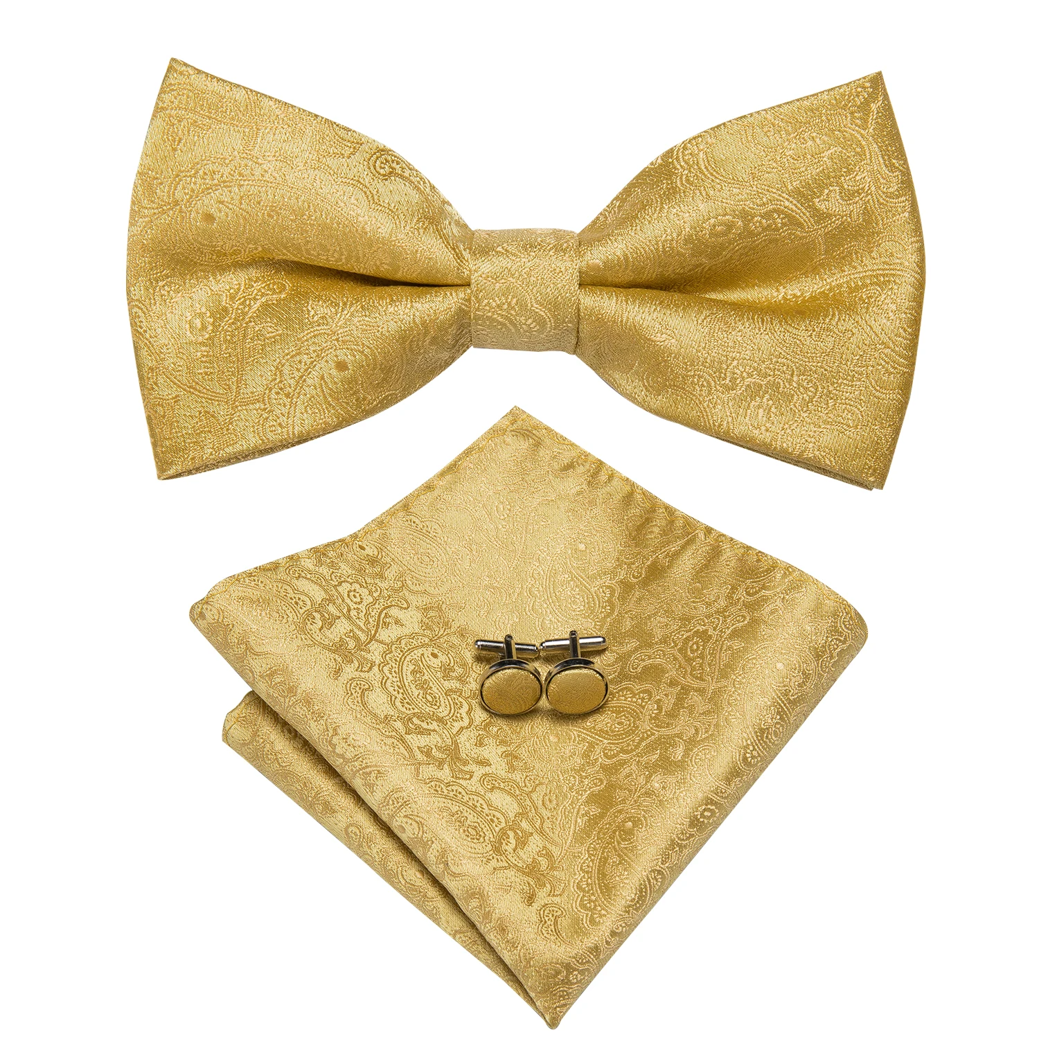 Hi-Tie Dasi Kupu-kupu Sutra Emas Mewah untuk Pria Mode Pria Kuning Dasi Kupu-kupu Sapu Tangan Manset Bros Set Kupu-kupu Pernikahan Set