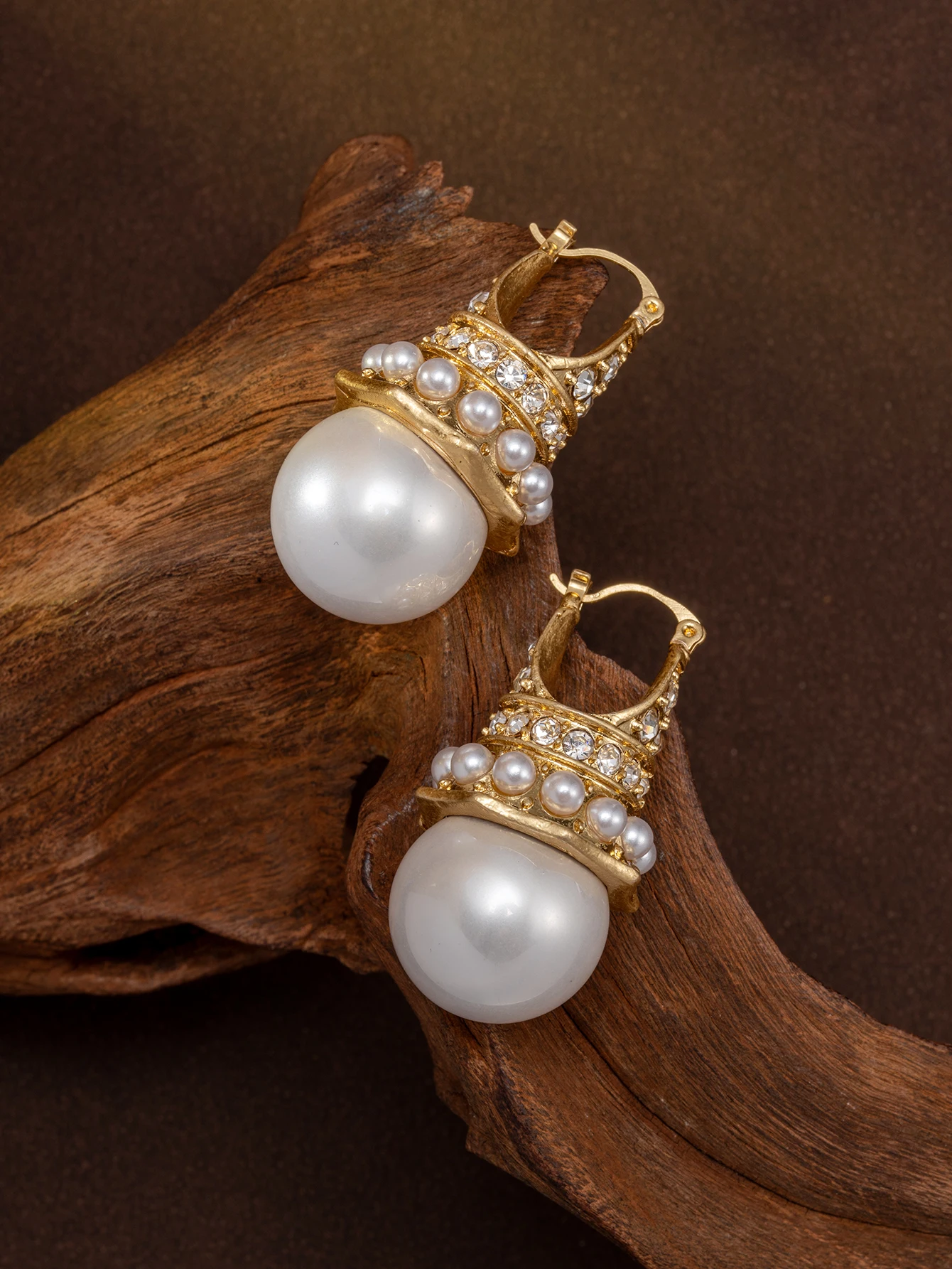 European-style castle-inspired multi-layered pearl hoop earrings with full rhinestone embellishments