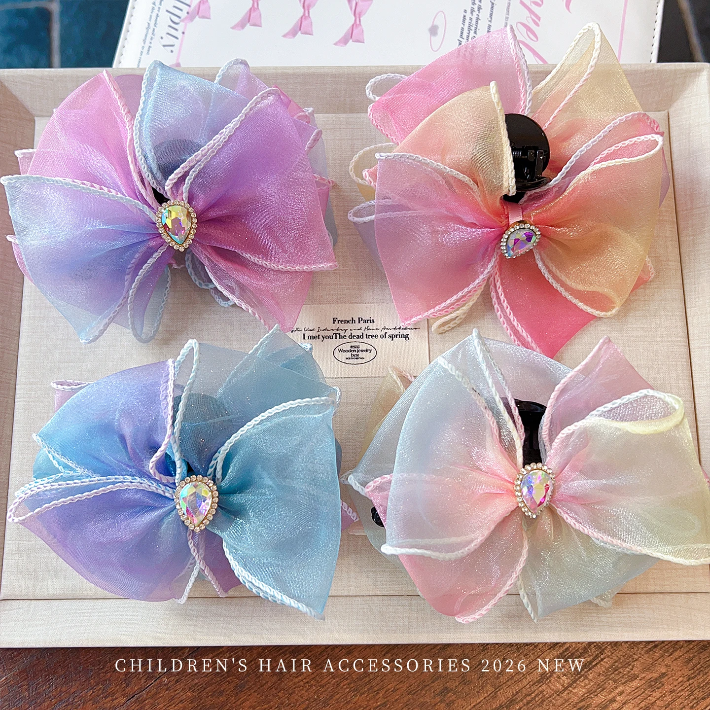Neue elegante Haarspangen mit Farbverlauf, Tüll, Schleife, Schmetterling, Kristall, für Damen, Mädchen, Kinder, Kleinkinder, Party, Hochzeiten, Geschenk, Mode-Accessoires – Detail 5
