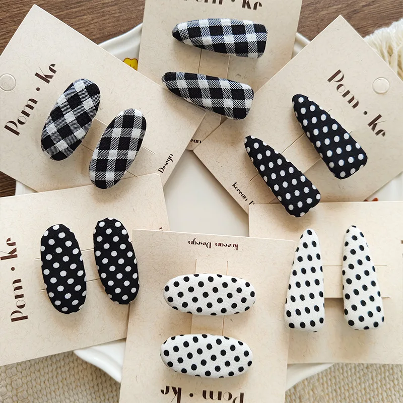 2 Stück/Set Einfache Stoff-Haarspangen für Schülerinnen, Süße Gepunktete Karierte Modische Haarklammern, Frische College-Mädchen Niedliche Schwarze Clips Accessoires – Detail 3