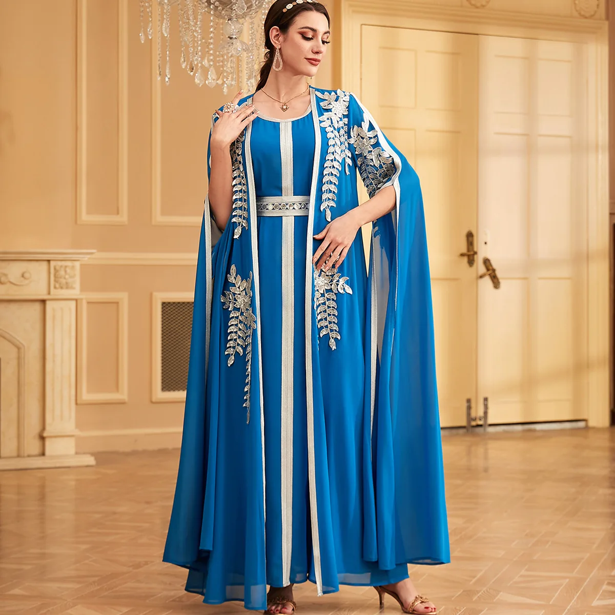 Vestido longo abaya muçulmano do oriente médio para mulheres, moda dubai, robe de duas peças, turquia islam, vestido bordado com apliques