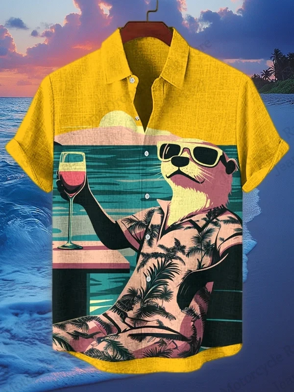 

Men Shirt Japanese Raccoon Warrior Drink 3d Print Hawaiian Shirts Men Women Fashion Beach Shirt Vocation Short Sleeve Blouse Cat