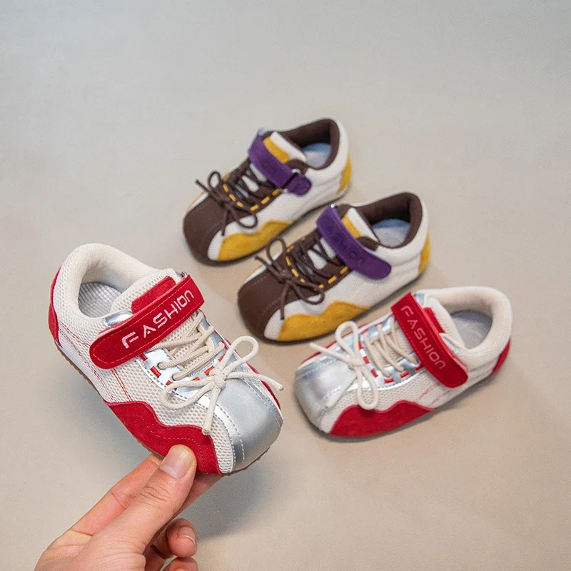 Kids Color Block Retro Casual Sneakers Breathable Mesh Upper Hook & Loop Strap Lightweight Flexible Toddler Daily Walking Shoes