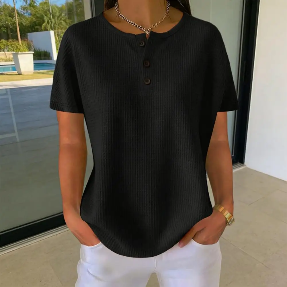 Women Tops Crew Neck Buttons Half Placket Short Sleeves Casual Pure Color Waffle Texture Summer T-shirt