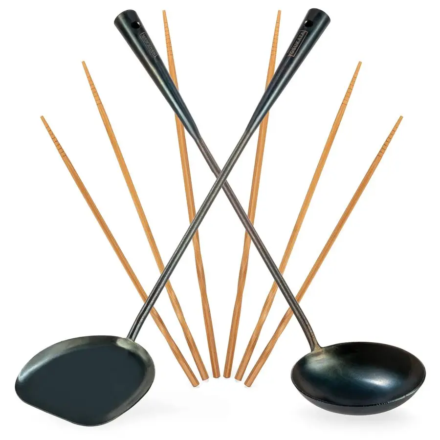 

PreSeasoned Wok Utensils Set Blue Carbon Steel 17inch Wok Spatula, Wok Ladle, 3 pairs Chopsticks Durable Asian Cooking Tools