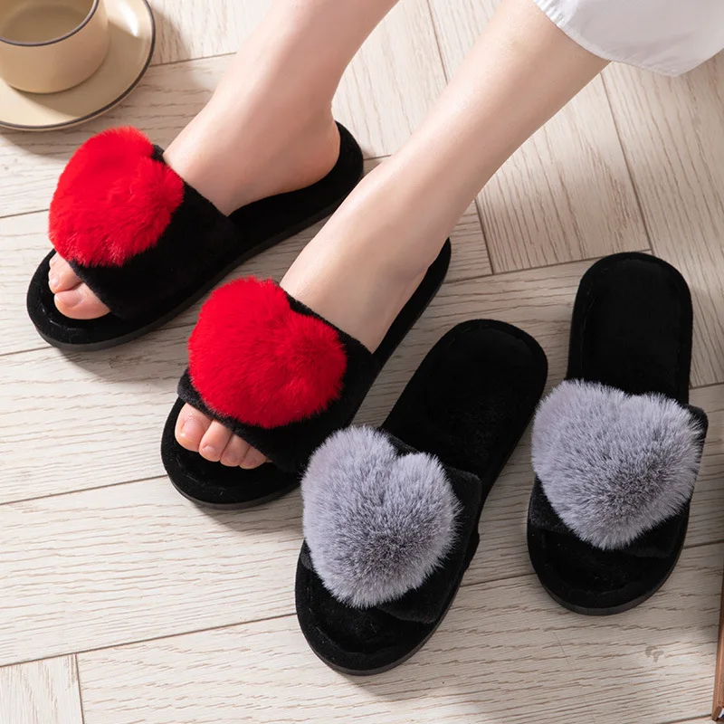 

Wholesale Women Indoor Warm Home Slippers Bedroom Cute Heart Pattern Non-slip Soft Comfort Plush House Slippers Shoes Winter