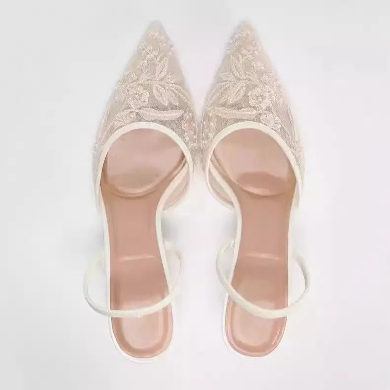 أحذية TRZA النسائية للخريف والشتاء، منتج جديد أبيض، شبكة ذات فم ضحل، كعب عالٍ، مقدمة مدببة عالية، تطريز مكشوف #6