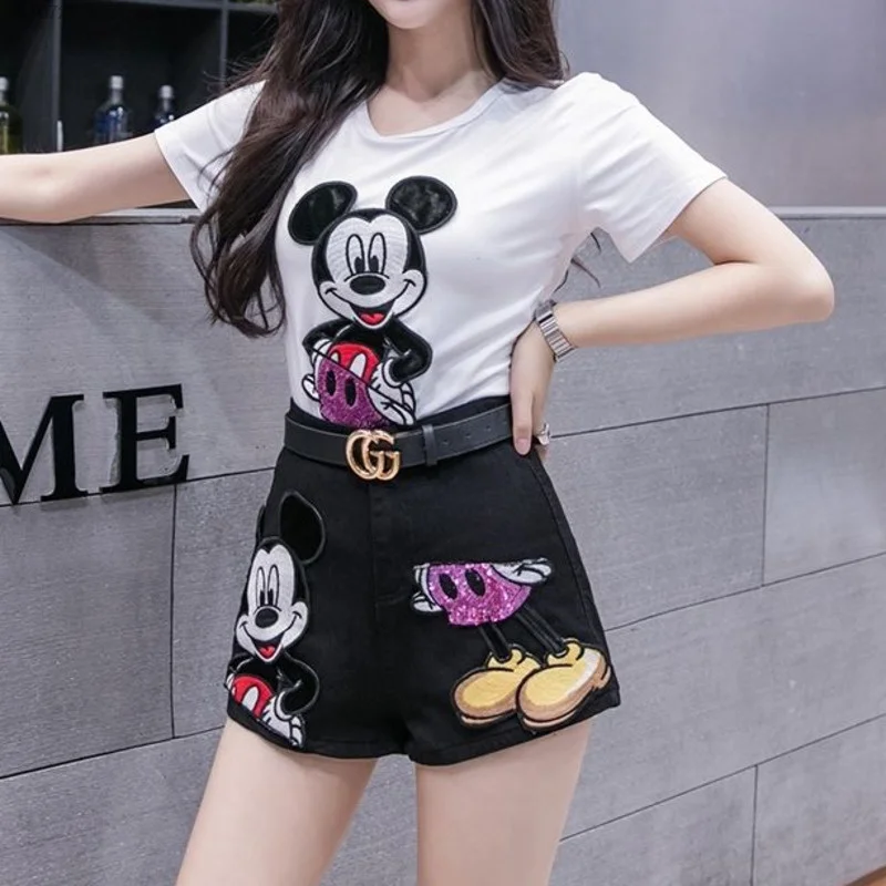 Disney Mickey Embroid Sequins 2 Piece Denim Shorts Sets For Women Y2k Tops New Summer Denim Shorts Oversize Slim Zipper Pants