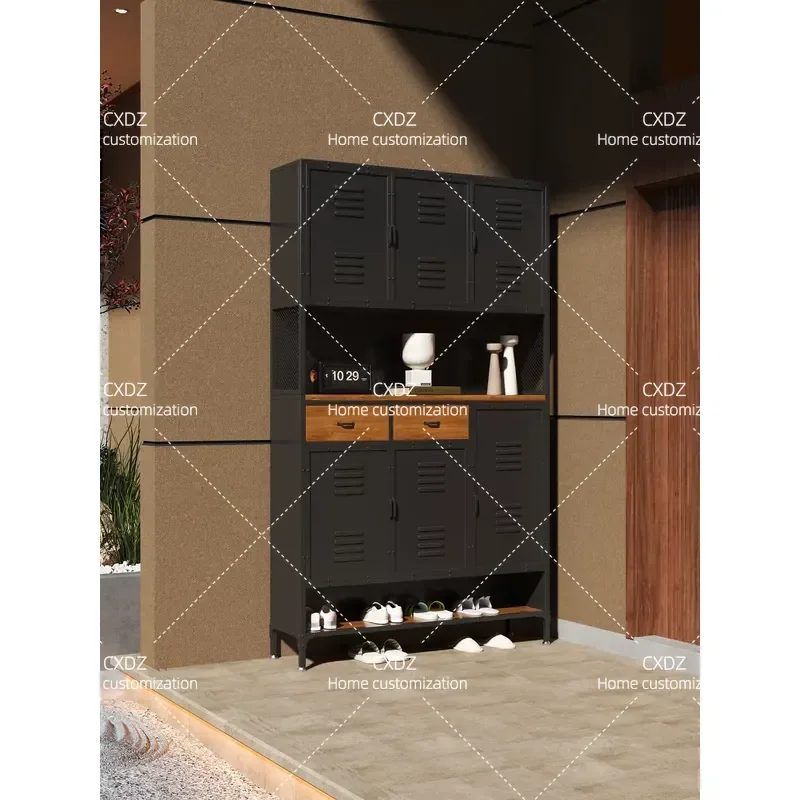 Industrial style iron leather shoe cabinet entry porch cabinet solid wood multi-layer storage cabinet integrated against the