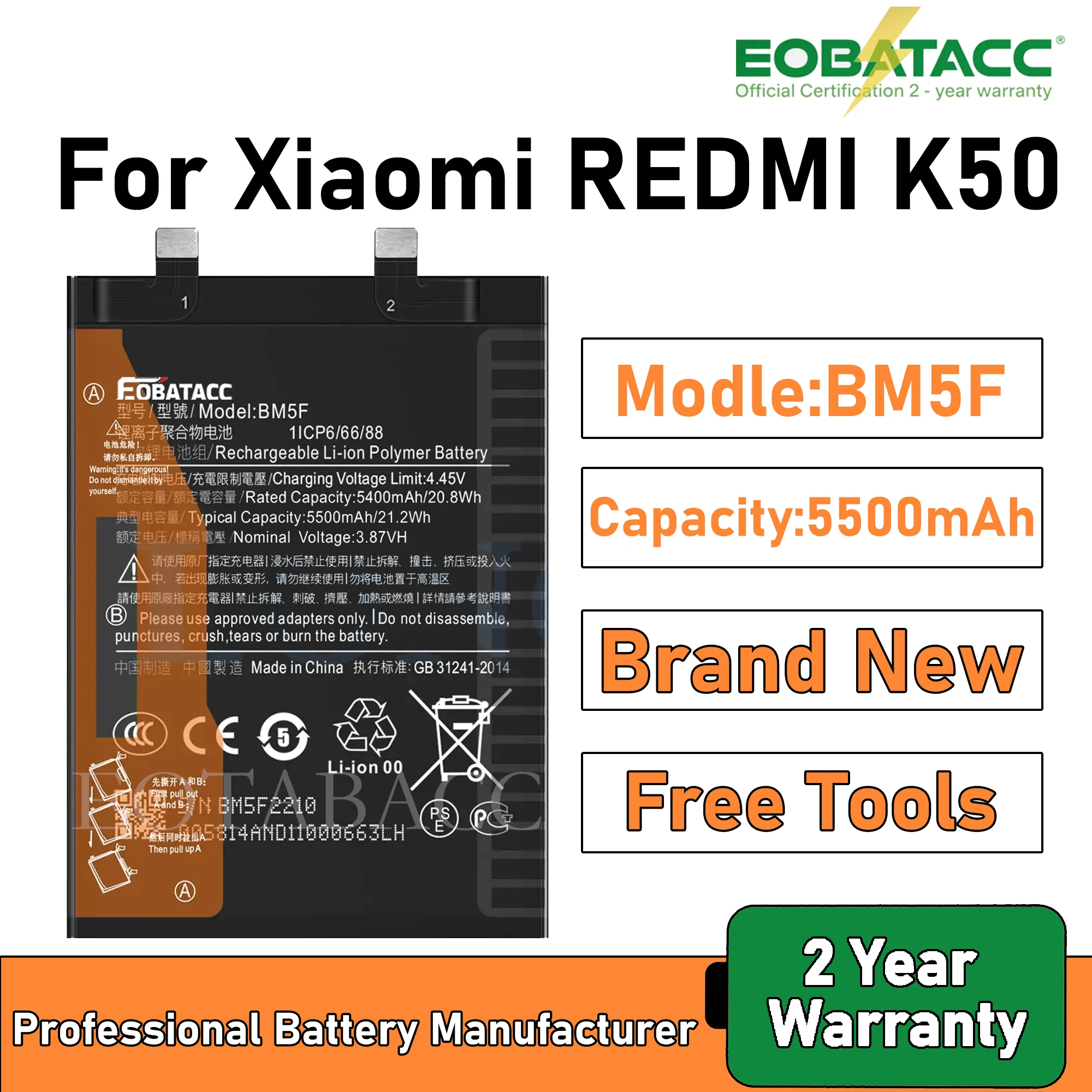 

2025 Years EOBATACC 100% New BM5F Battery For Xiaomi REDMI K50 5500mAh Batteries+Free Tools