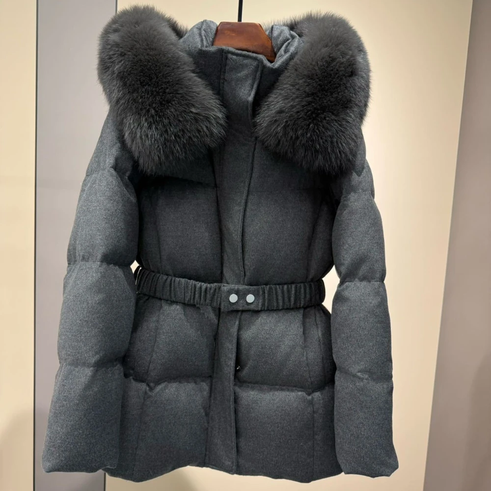 Goose Down Jacket New 2026 Winter Thermal Natural Fox Fur Coat Hooded Wool Puffer Coat with Belt Thick Warm Elegant Fashion Coat