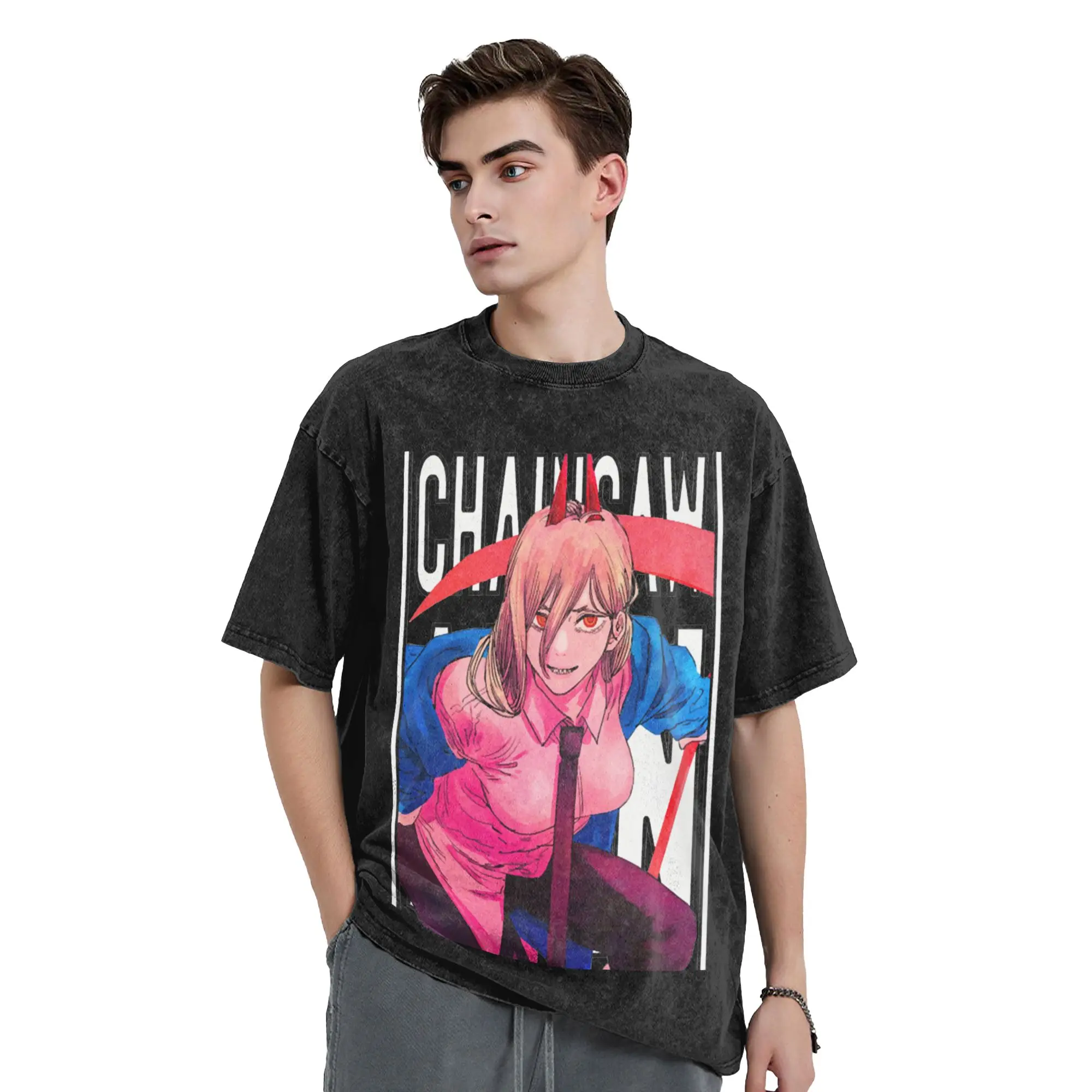 Power Scythe Chainsaws Man Vintage Washed T-Shirt Denji Anime Funny Cotton Tee Shirt Crew Neck Short Sleeve T Shirts