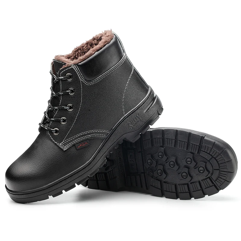 GUYISA Winter Shoes Safety Boots For Work Black Cowhide Shoes Non-Slip Warm lining Anti smashing-Anti preventSize 36-46