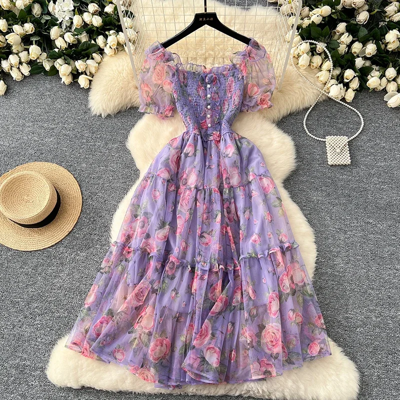 

Summer Floral Chiffon French Mesh Dress for Women New Waist Cinched Slash Neck Bubble Sleeves Sweet Dresses