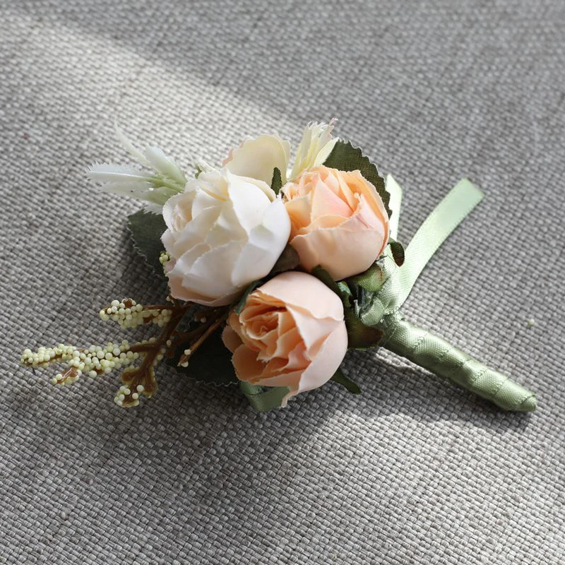 Groom Rose Boutonniere Artificial Silk Plastic Flowers Man Suit Pin Corsage Buttonhole Wedding Party Decor