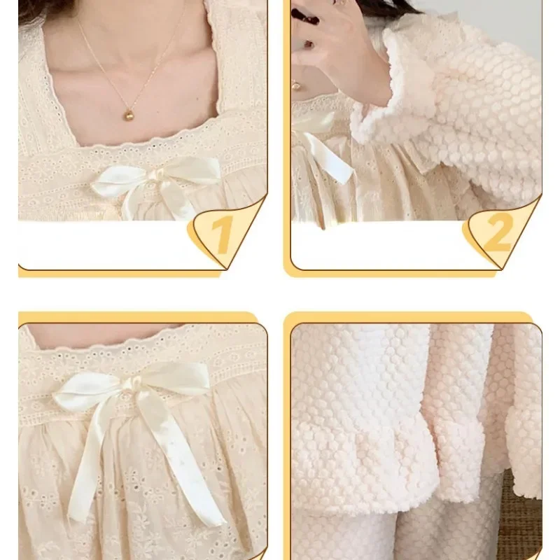 New Pajama Woman's New Fleece Thick Loungewear Coral Fleece Solid Color Sleepwear Simple Sweet Princess Style Homewear Set