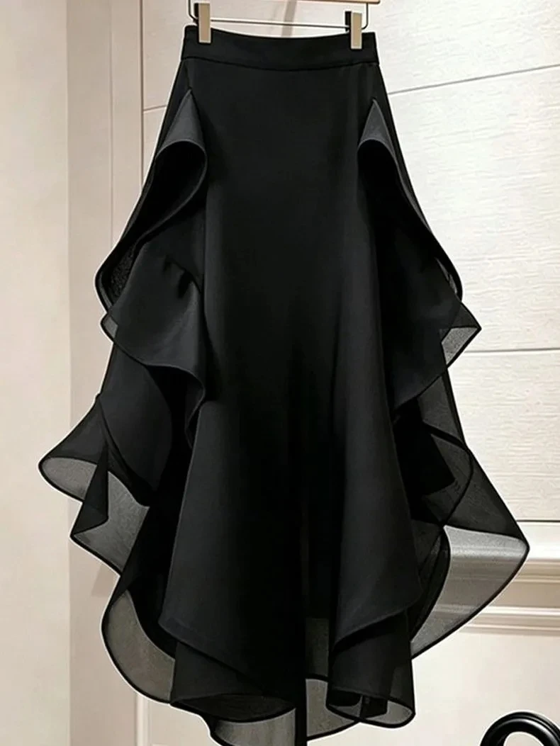 Stunning Black Asymmetrical Hem Blouse Beautiful High Waist A-Line Skirt Fashionable Spring Summer New Arrival Ladies Skirts