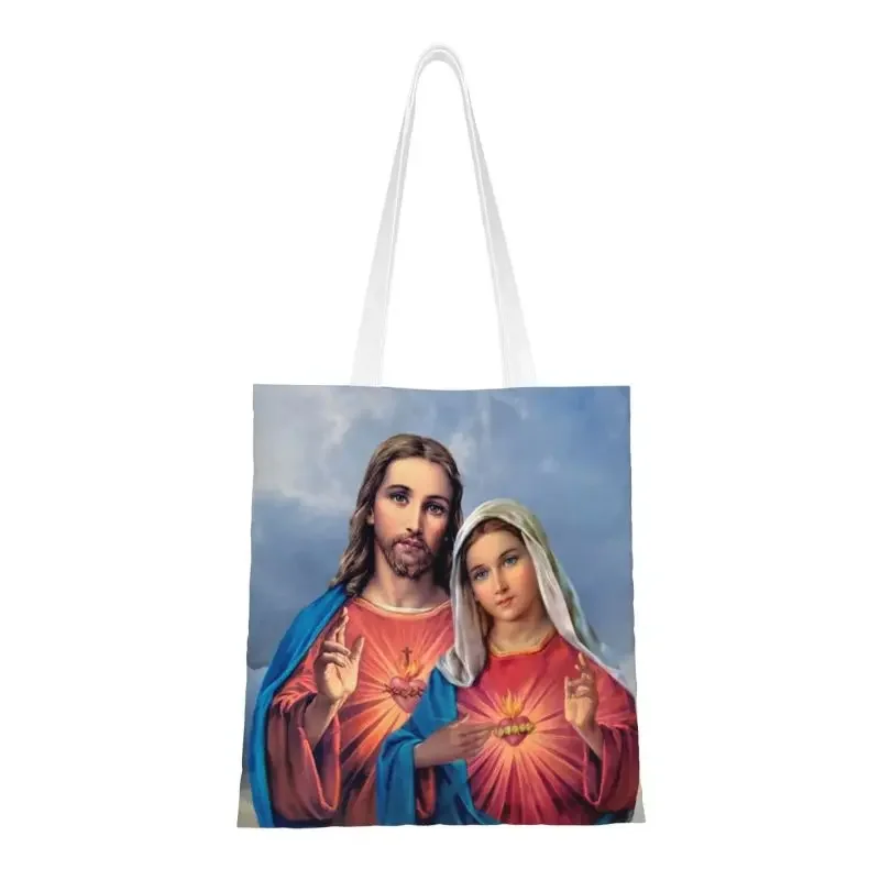 

Sacred And Immaculate Hearts Shopping Bag Canvas Shoulder Tote Bag Portable Catholic and Mary Groceries Shopper Bags