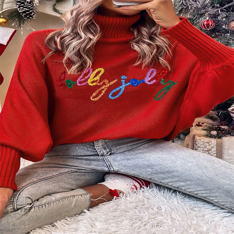 

Women Colorful Letter Embroidery Long-sleeved Turtleneck Knitted Sweater Winter Urban Fashion Casual Wool Top