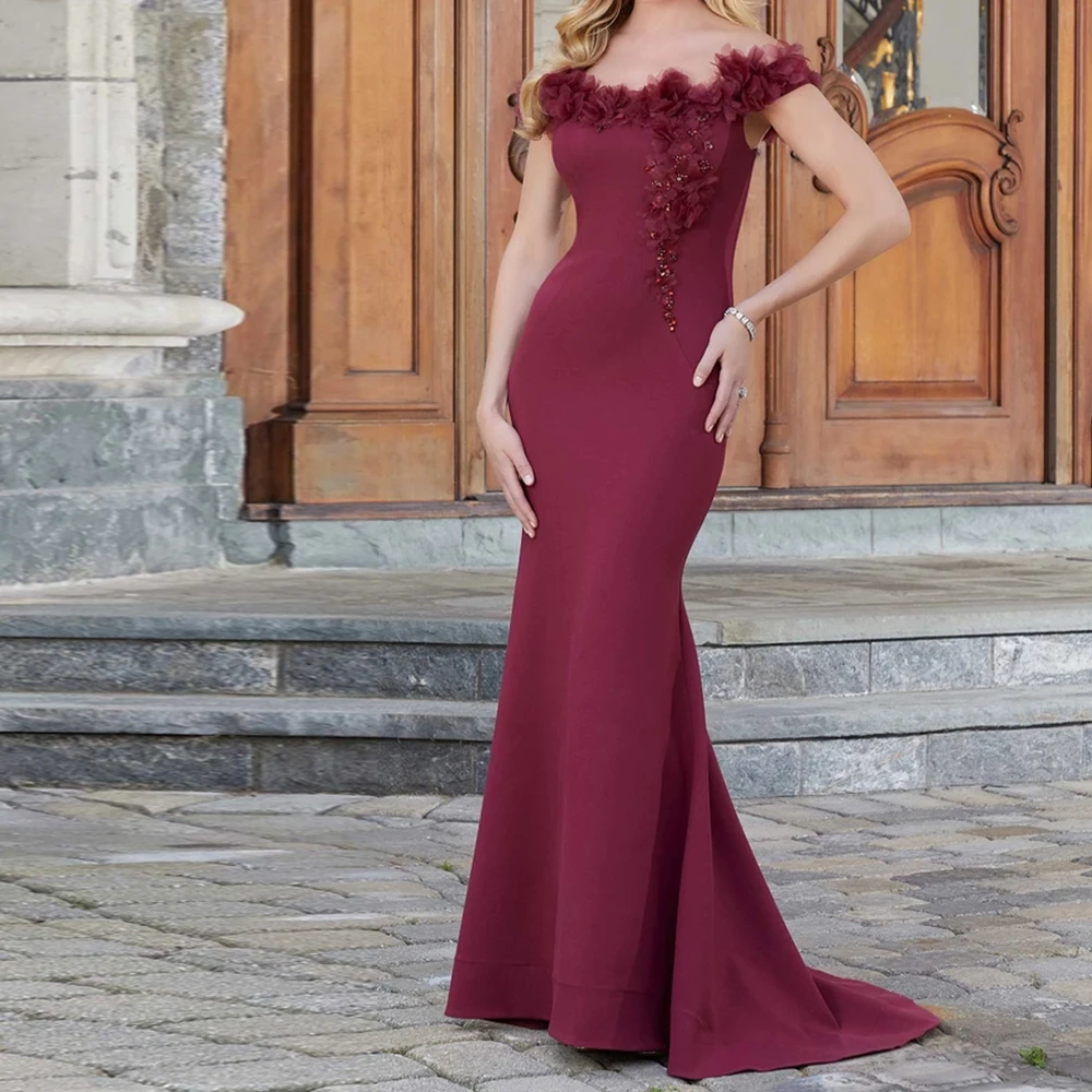 

Customized Classic Appliques Pleats Crystal Off the Shoulder Short Sleeves Evening Dresses Exquisite Mermaid Burgundy Prom Gowns