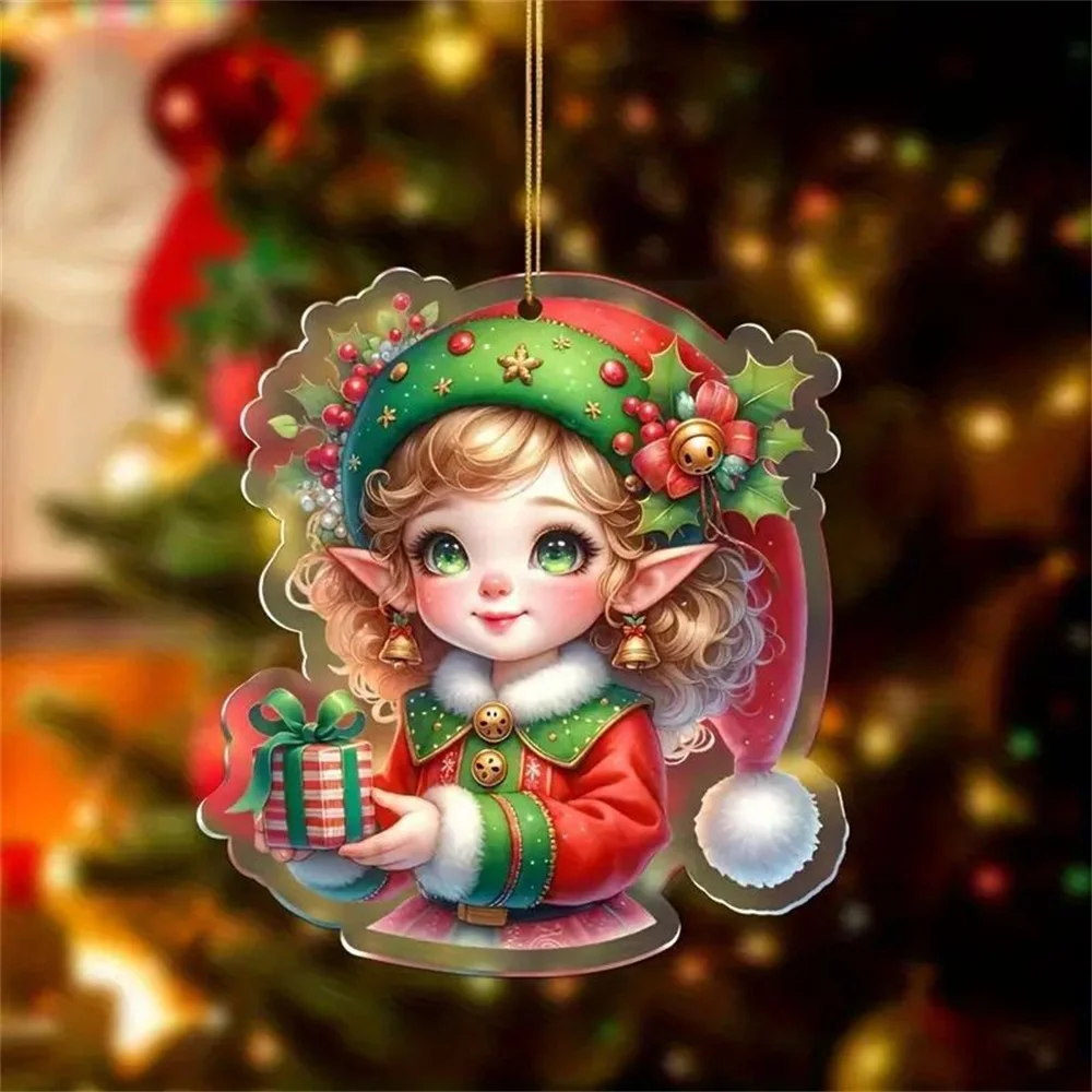 Charming Acrylic Reindeer Girl Baby Car Decoration Holiday Gift for Christmas Xmas Tree Flat Pendant Hanging Ornament