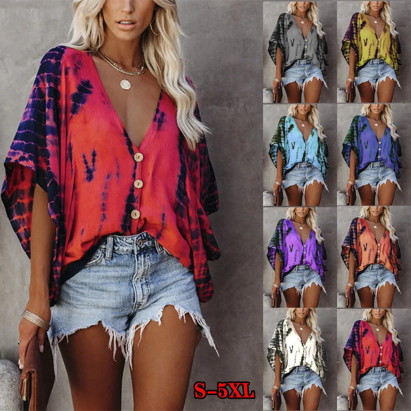 

Women's Spring/Summer V-Neck Doll Sleeves Tie-Dye Loose Printed Shirts Fashion Casual Commuter Office Tops Female