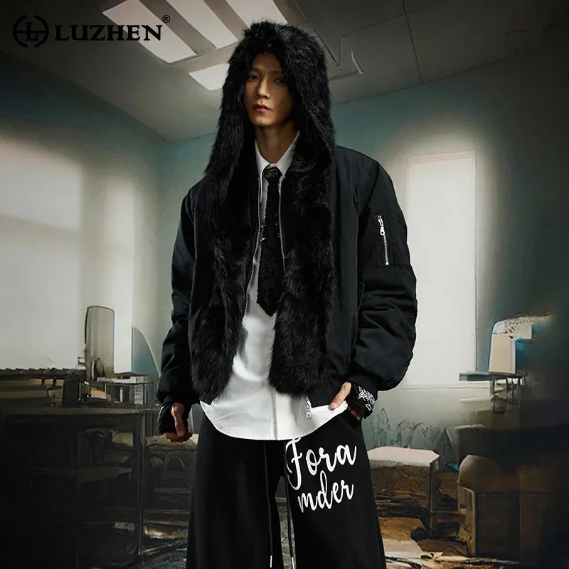 

LUZHEN 2025 зимняя мода из искусственного меха в стиле пэчворк, парка с капюшоном, мужская оригинальная новая персонализированная теплая стеганая куртка JY4978