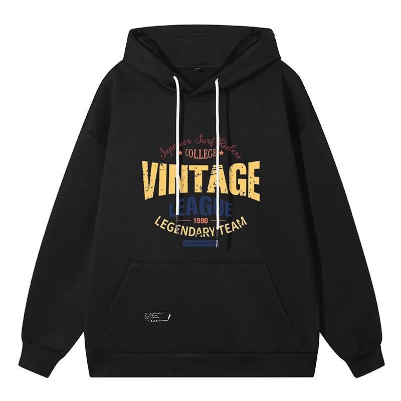 メンズ単色フード付きプルオーバー、レタープリント、ドローストリング、レタリングポケット、カジュアルスポーツパーカー、ルーズヴィンテージトップス、秋冬