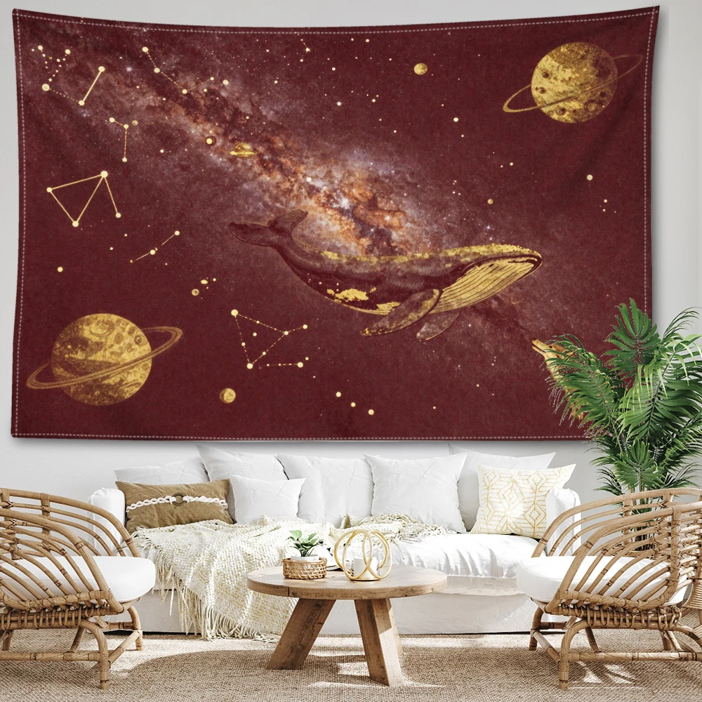 Dark Brown Galaxy Whale Planet Constellation Wall Tapestry, Cosmic Decor