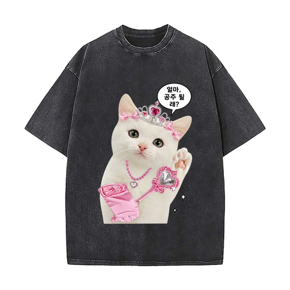 Princess Cat Pink Heart Tiara Wand Bow Graphic Washed Short Sleeve Loose Streetwear Tee Hip Hop