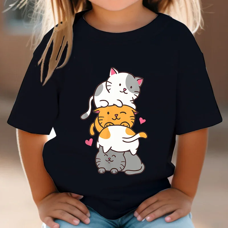 Cute Cat Graphic Kids Tshirts Kawaii T-Shirt Kids Summer Short Sleeve Tees Cartoon Animal Boys Girls Kawaii Kitten Tops Tshirt