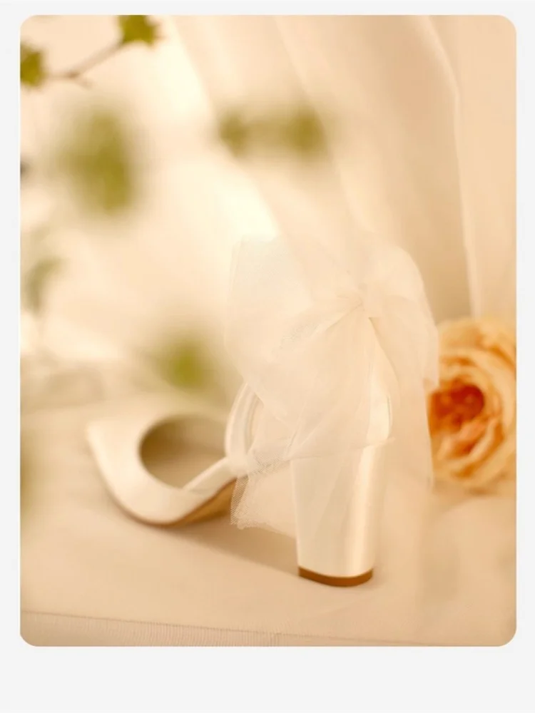 High-heeled sandals spring and summer new pointed mesh bow silk forged wedding shoes banquet dress thick-heeled women's shoes