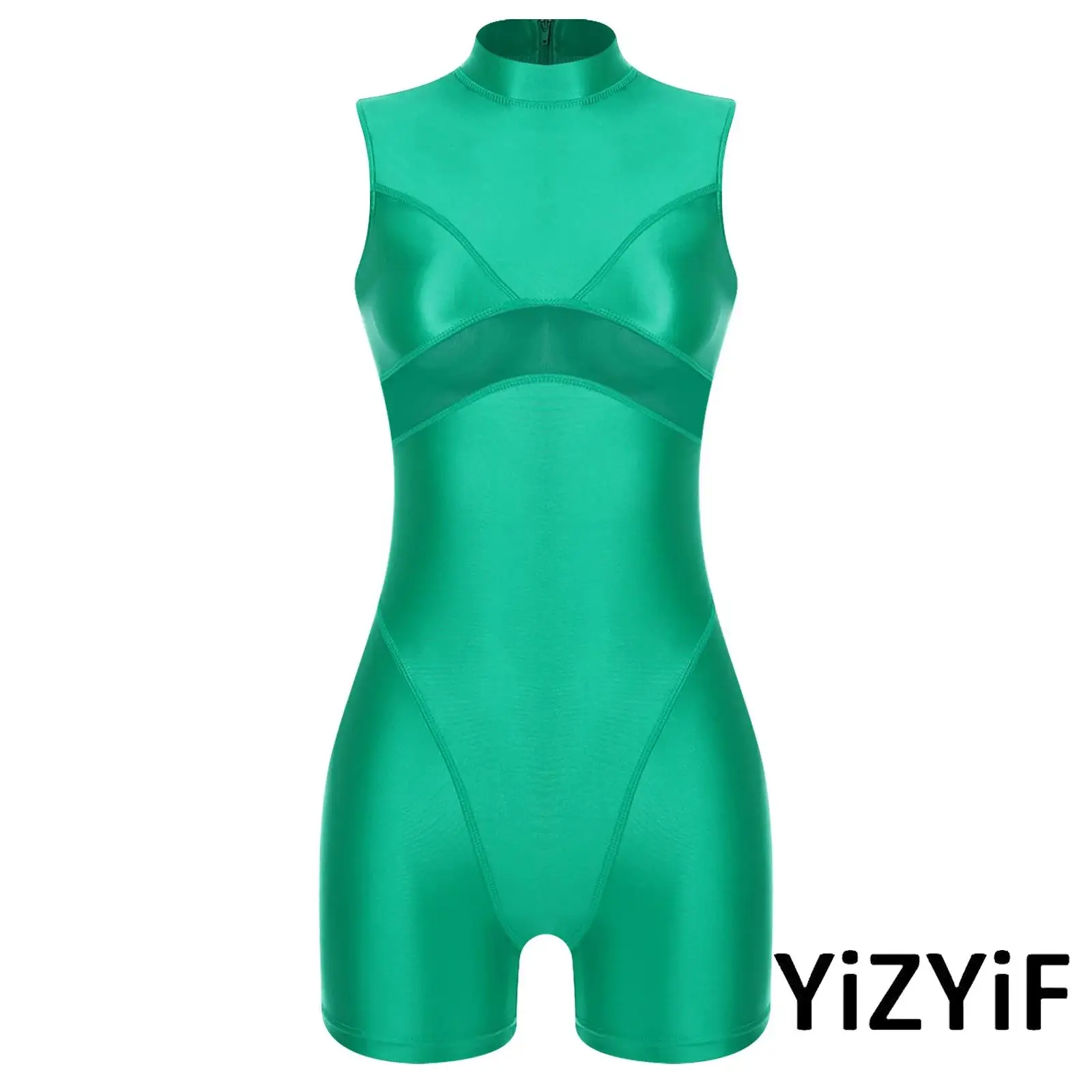 

Womens Yoga Lyrical Gymnastics Dance Rompers Oil Shiny Sheer Mesh Patchwork Mock Neck Sleeveless Back Zipper Boxer Bottom Body