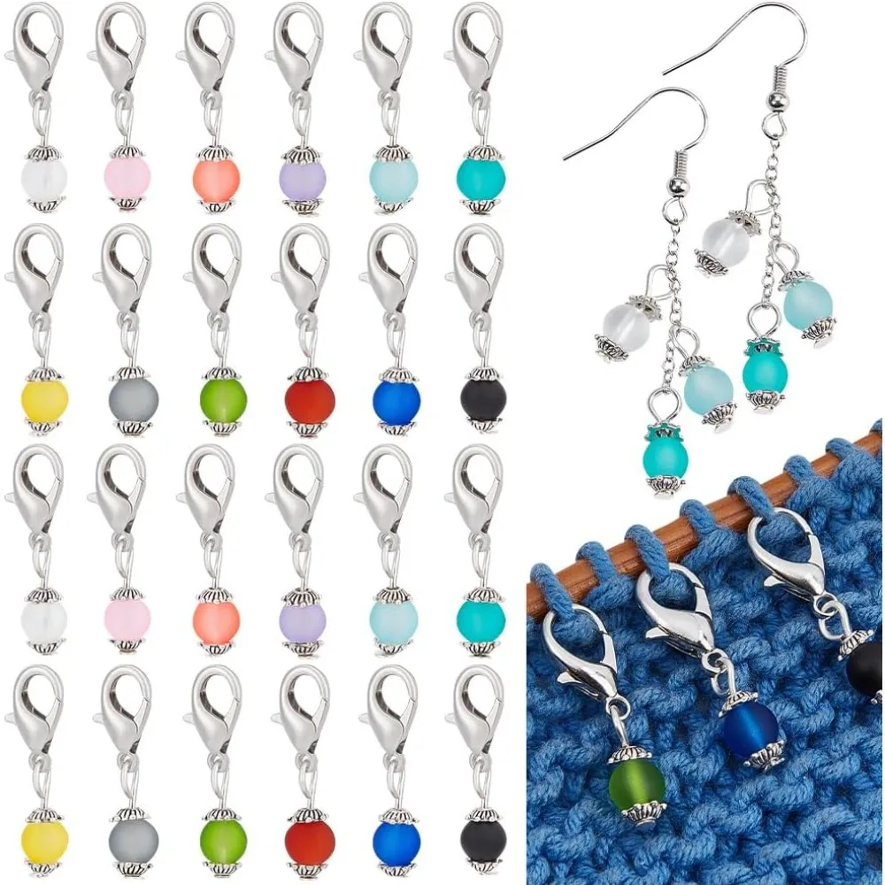 120 Pcs Glass Bead Stitch Markers, 12 Colors Matte Round Beads Crochet Markers Glass Locking Stitch Marker Metal Stitch Needle