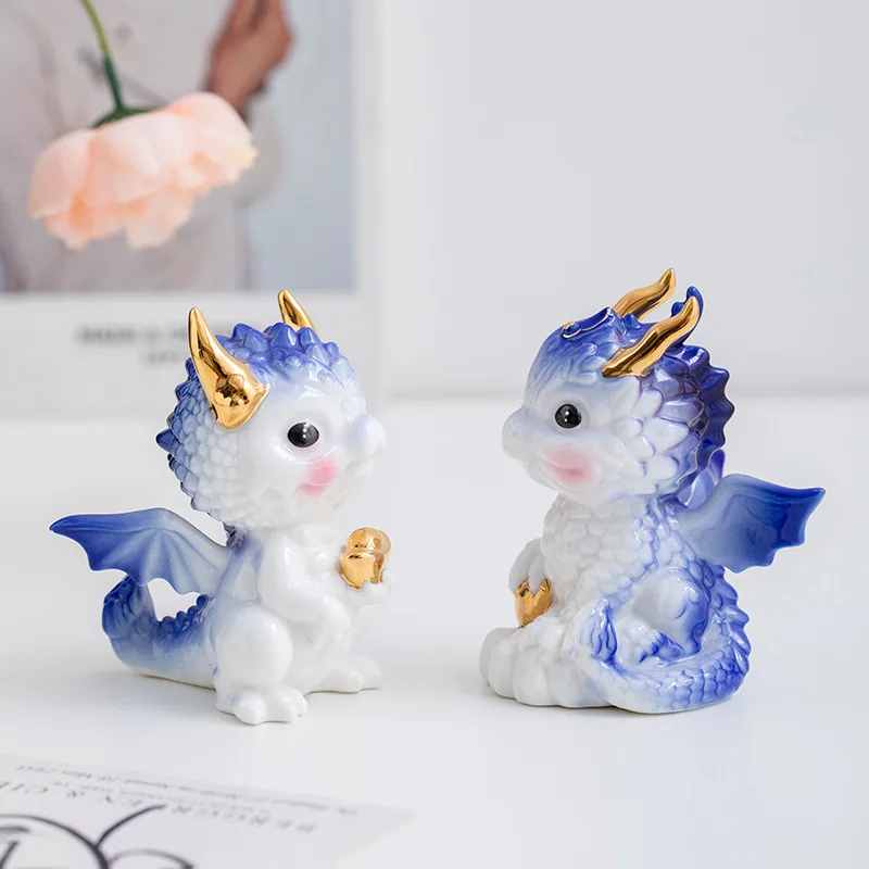 Gradient Blue White Cute Dragon Ceramic Figurine, Lucky Mythical Statue Wine Cabinet Entryway Oriental Tabletop Decor Gift