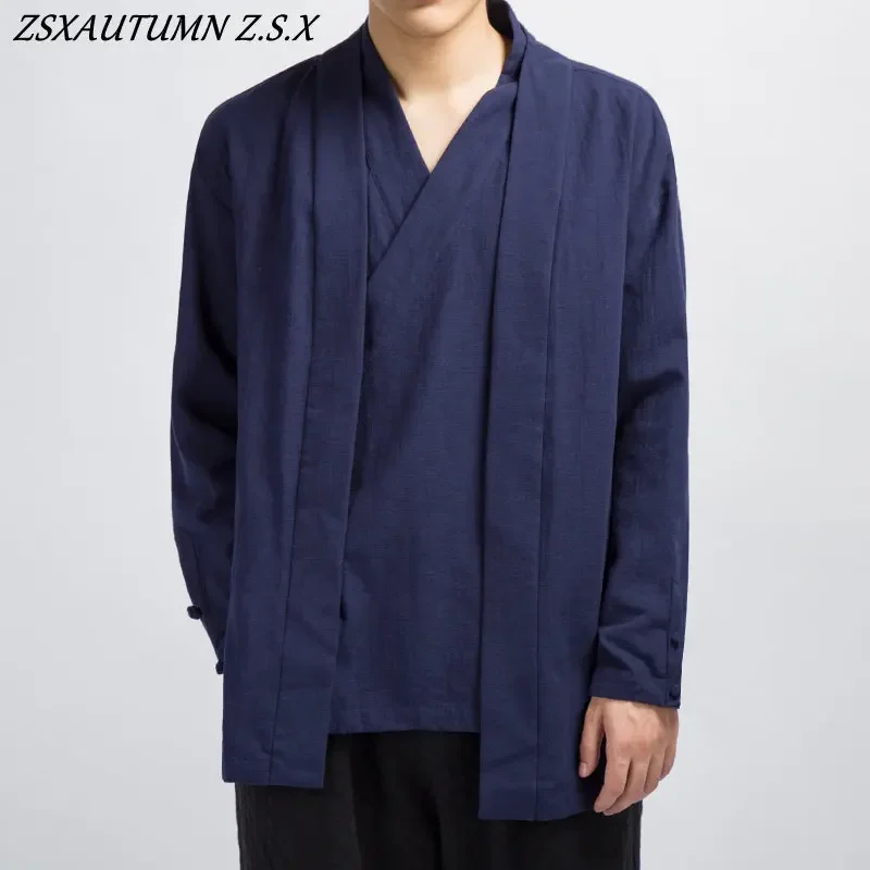 Chinese Style Men Linen Hanfu Cardigan Tops Zea Tea Kung Fu Shirts Japanese Kimono Jackets Coats Robe Oriental Fashion Clothing