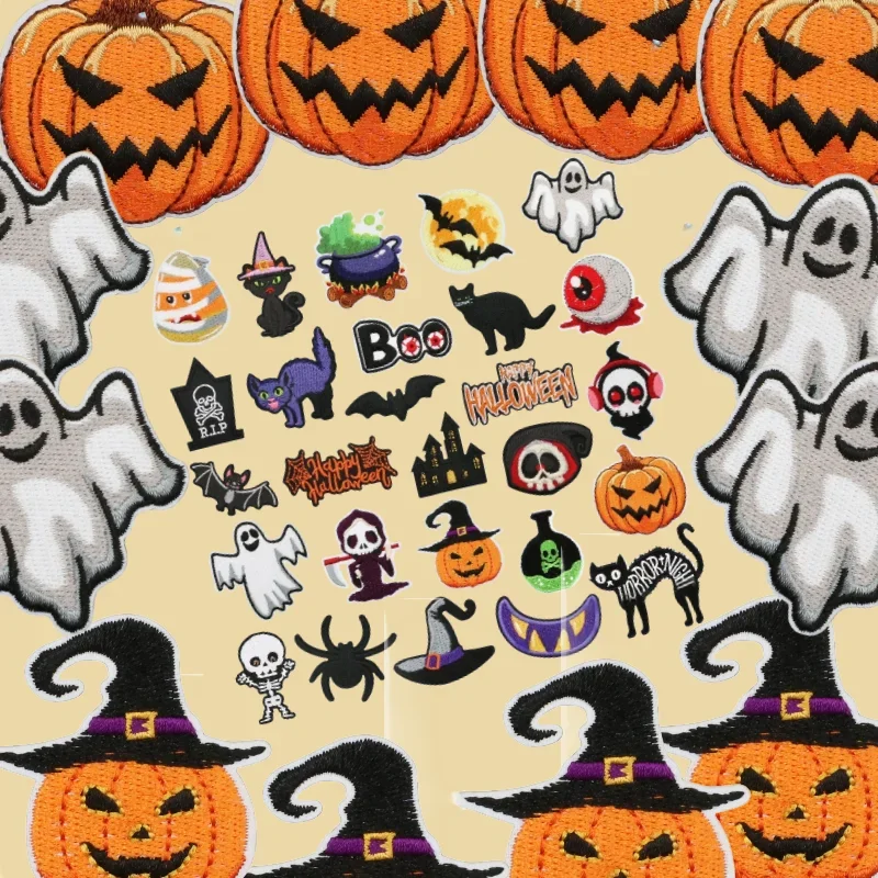 Horror Eyeball Embroidery Iron on Cloth Sticker Dark Castle Patch Sticker Ghost Pumpkin Clothing Bag Decorative Embroidery Label