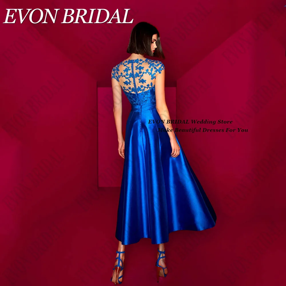 EVON BRIDAL Satin Royal Blue Celebrity Red Carpet Dresses 2024 Applique A-Line فساتين سهرة 2024 فاخرة Tea-Length Cap Sleeves