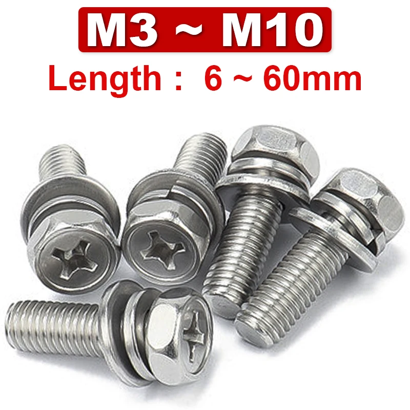 3in1 M3M4M5M6M8M10 Cross Hexagon Screw Gasket Spring Washer Three Combination Bolt GB9074.13 Cavity Hexagon 304 Stainless Steel