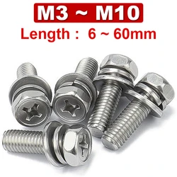 3in1 M3M4M5M6M8M10 Cross Hexagon Screw Gasket Spring Washer Three Combination Bolt GB9074.13 Cavity Hexagon 304 Stainless Steel