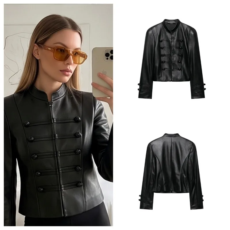 Women S 2026 Minimalist Style Pu Leather Jackets Black Long Sleeve Button and Zipper Chic Elegant Fashion Outwear Coat