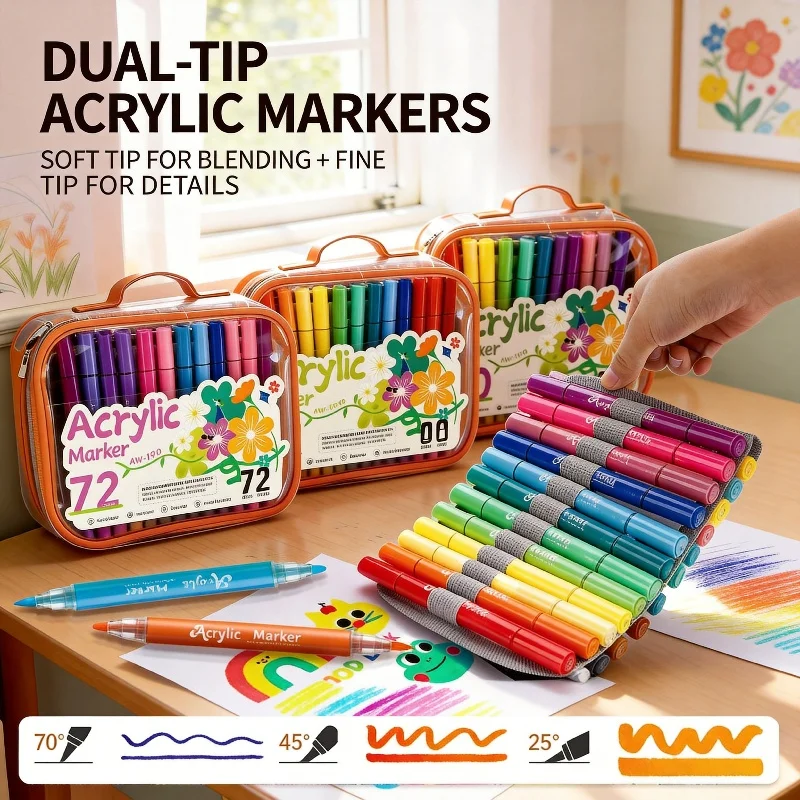 

Акриловые маркеры-краски 48/60/84/120 цветов с двойным наконечником: кисть и тонкий наконечник для росписи камней, дерева, керамики, ткани, стекла, DIY-проектов