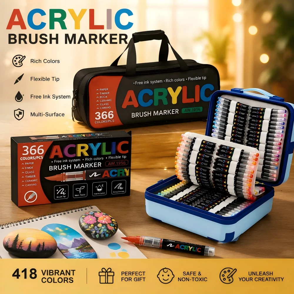 12-418 Colors High Quality Acrylic Paint Pens Markers Set Brush Tip Paint For Rock Painting Wood Canvas Stone Gift DIY Crafts