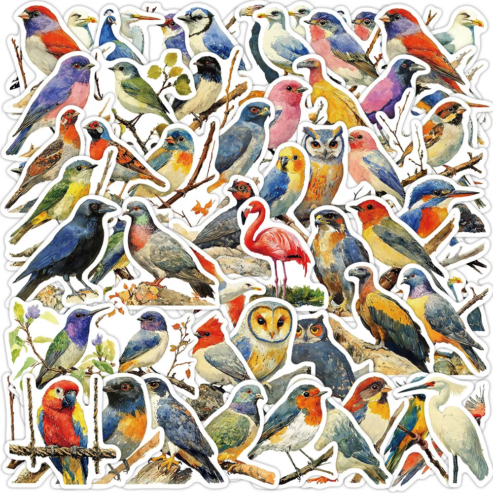 50 peças adesivos de pássaros estranhos em pintura em aquarela, bagagem, notebook, copo de água, decoração de arte diy, adesivos à prova d'água, brinquedo