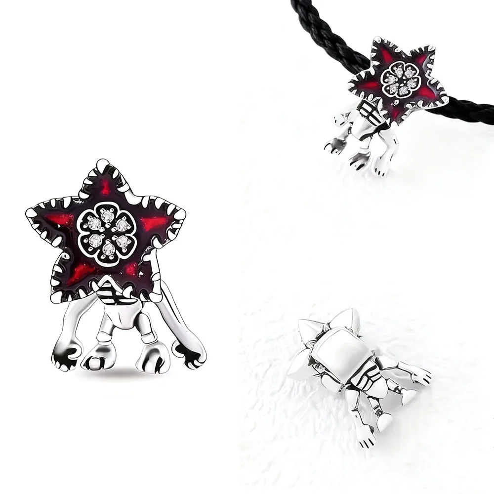 

925 Silver Monster Anime Anchor Headpiece Necklace, Deep Red Heart shaped Monster Pendant, Suitable for Original Necklace DIY