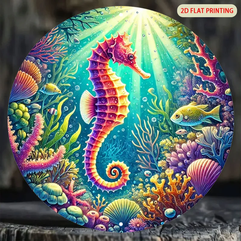2D Flat 1pc Vibrant Wall Decoration Plaque, Marine Life Metal Wall Art 20X20Cm, Underwater Outdoor/Indoor Plaque for Garden, Pat