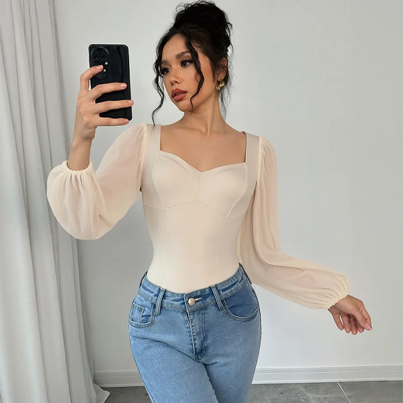 Herfst 2025, nieuwe vrouwen sexy retro elegante joker jumpsuit nauwsluitende lange mouwen effen kleur vierkante hals mesh jumpsuit